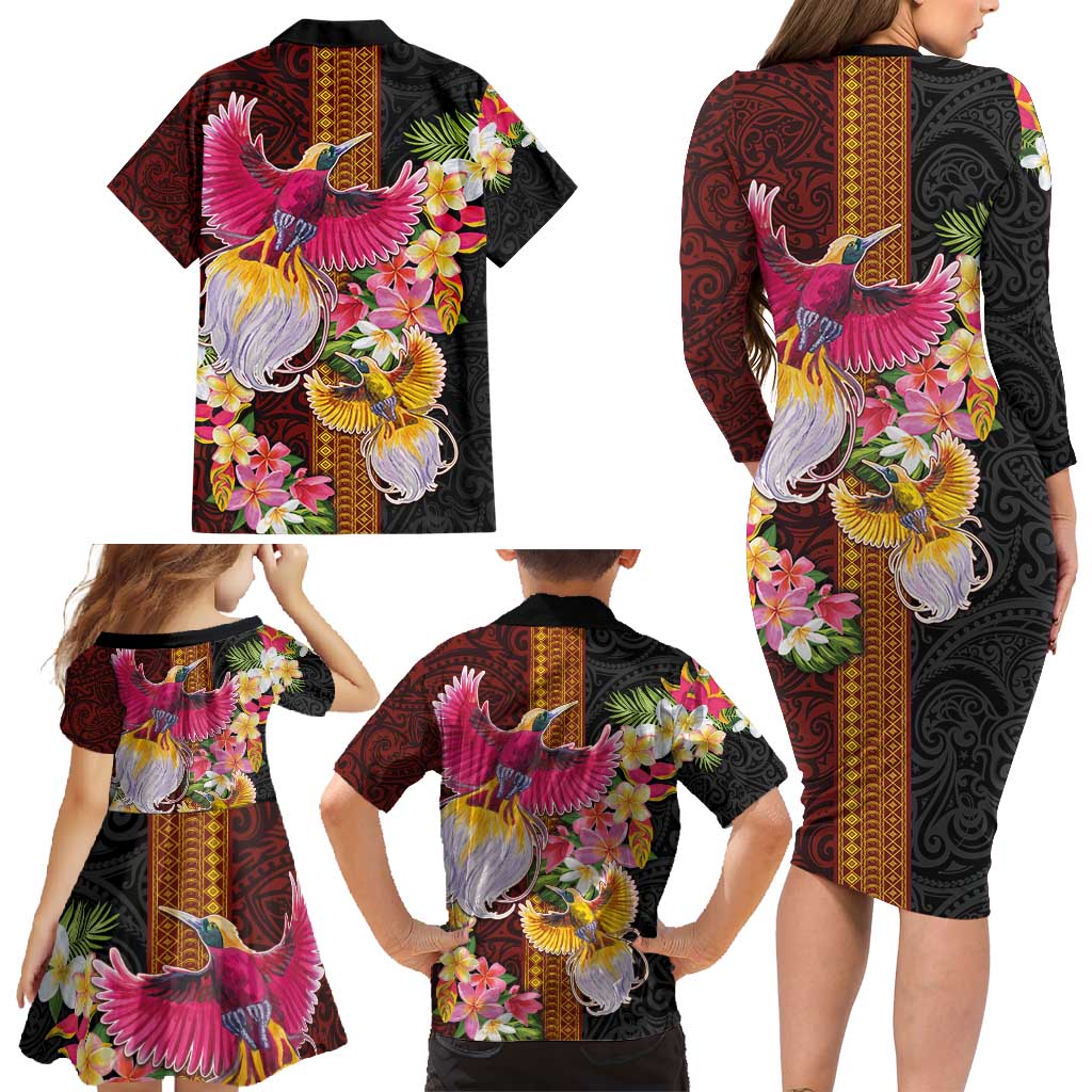 Papua New Guinea Birds and Frangipani Family Matching Long Sleeve Bodycon Dress and Hawaiian Shirt Melanesian Art Tattoos - Polynesian Pride