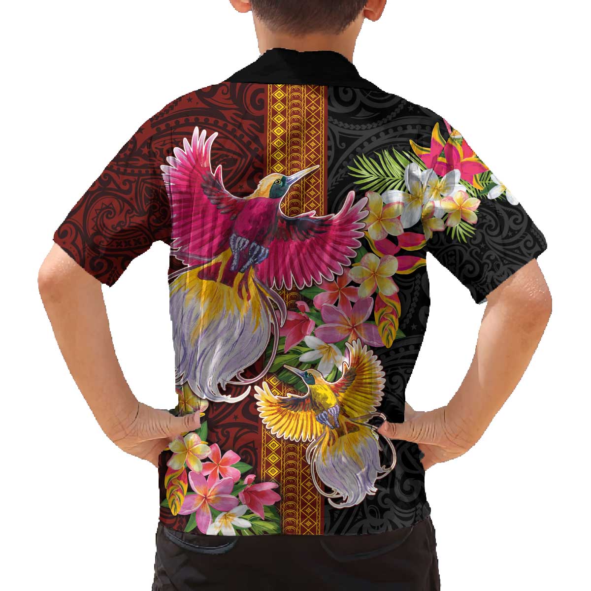 Papua New Guinea Birds and Frangipani Family Matching Off The Shoulder Long Sleeve Dress and Hawaiian Shirt Melanesian Art Tattoos LT03 - Polynesian Pride