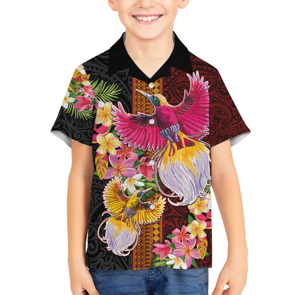 Papua New Guinea Birds and Frangipani Family Matching Off The Shoulder Long Sleeve Dress and Hawaiian Shirt Melanesian Art Tattoos LT03 Son's Shirt Black - Polynesian Pride