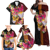Papua New Guinea Birds and Frangipani Family Matching Off Shoulder Maxi Dress and Hawaiian Shirt Melanesian Art Tattoos - Polynesian Pride