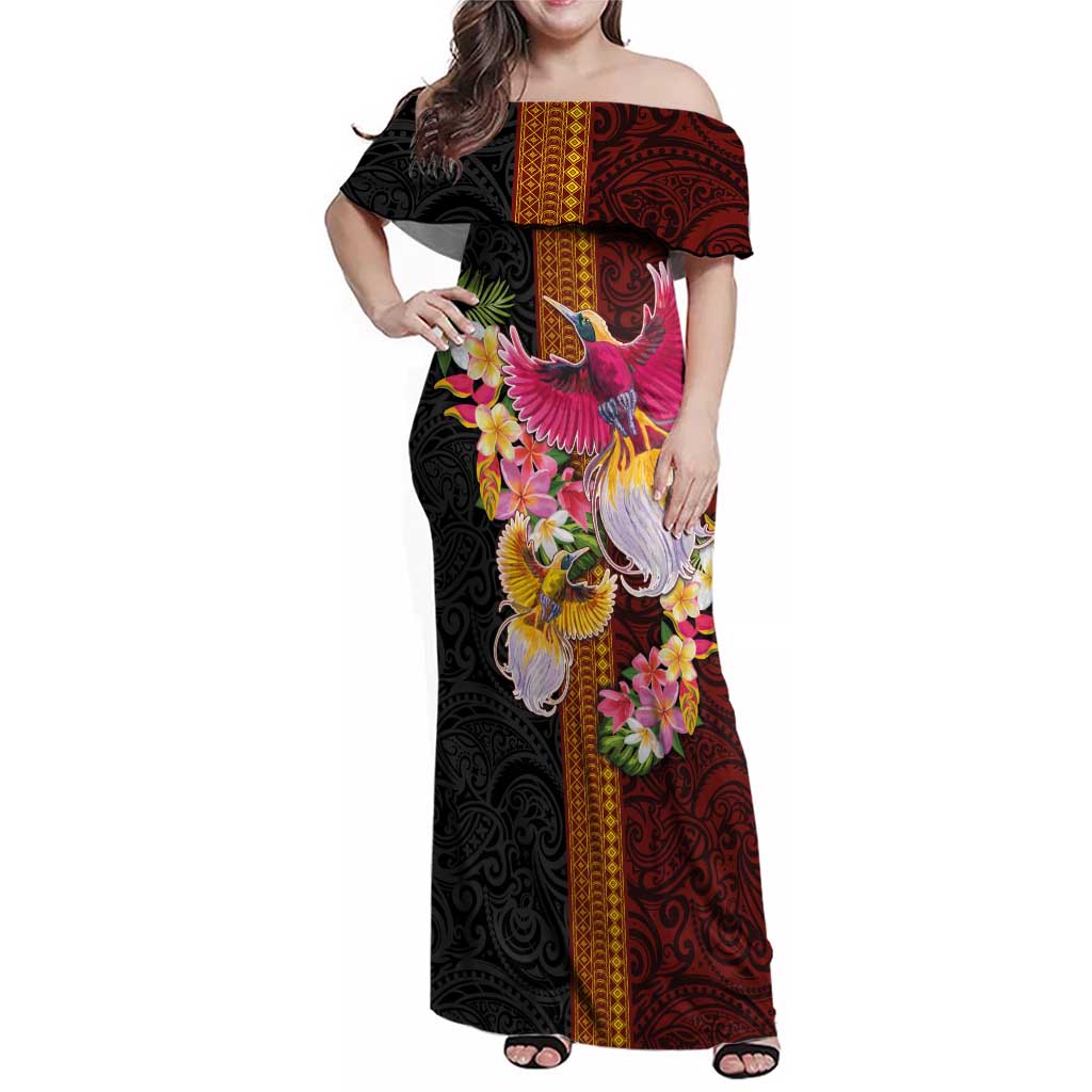 Papua New Guinea Birds and Frangipani Family Matching Off Shoulder Maxi Dress and Hawaiian Shirt Melanesian Art Tattoos - Polynesian Pride