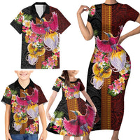 Papua New Guinea Birds and Frangipani Family Matching Short Sleeve Bodycon Dress and Hawaiian Shirt Melanesian Art Tattoos - Polynesian Pride