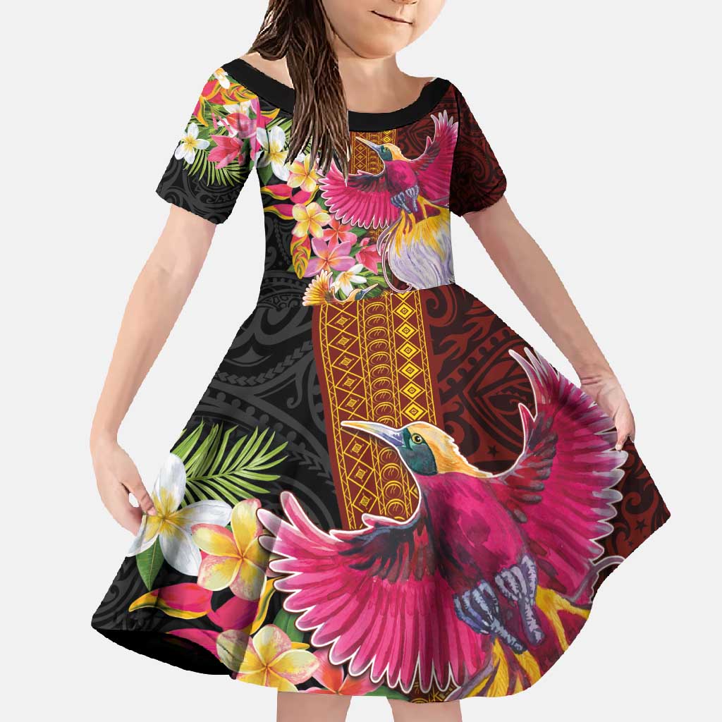 Papua New Guinea Birds and Frangipani Family Matching Summer Maxi Dress and Hawaiian Shirt Melanesian Art Tattoos LT03 Daughter's Dress Black - Polynesian Pride