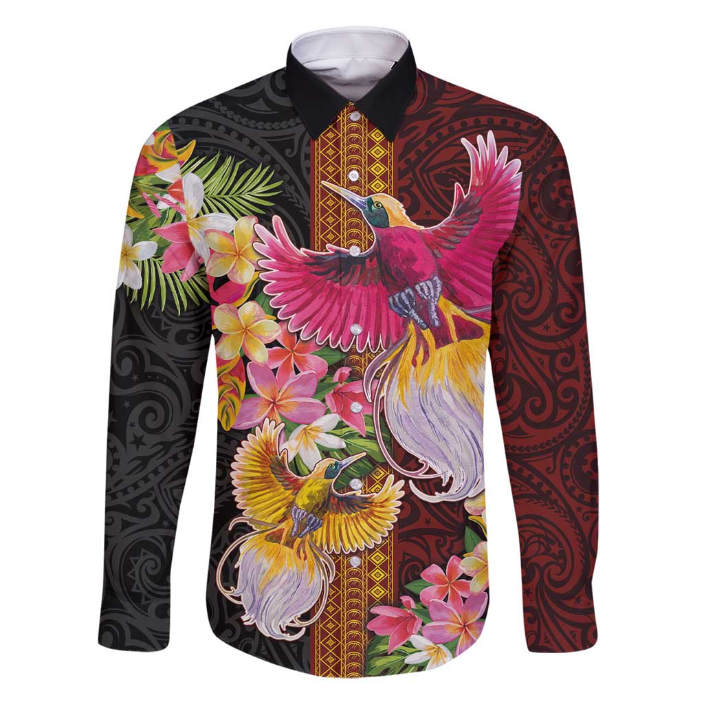 Papua New Guinea Birds and Frangipani Family Matching Summer Maxi Dress and Hawaiian Shirt Melanesian Art Tattoos LT03 Dad's Shirt - Long Sleeve Black - Polynesian Pride
