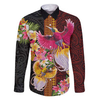 Papua New Guinea Birds and Frangipani Family Matching Summer Maxi Dress and Hawaiian Shirt Melanesian Art Tattoos LT03 Dad's Shirt - Long Sleeve Black - Polynesian Pride