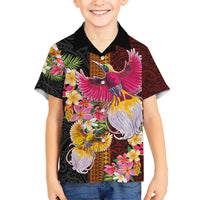 Papua New Guinea Birds and Frangipani Kid Hawaiian Shirt Melanesian Art Tattoos LT03 Kid Black - Polynesian Pride