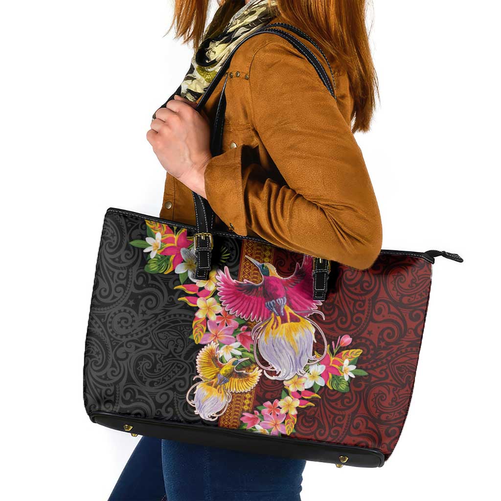 Papua New Guinea Birds and Frangipani Leather Tote Bag Melanesian Art Tattoos - Polynesian Pride