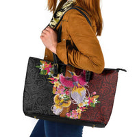 Papua New Guinea Birds and Frangipani Leather Tote Bag Melanesian Art Tattoos - Polynesian Pride