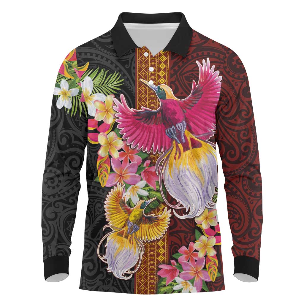 Papua New Guinea Birds and Frangipani Long Sleeve Polo Shirt Melanesian Art Tattoos - Polynesian Pride