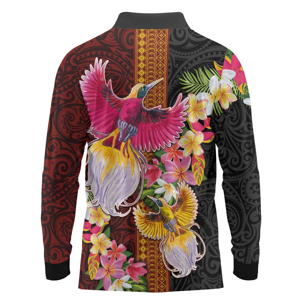 Papua New Guinea Birds and Frangipani Long Sleeve Polo Shirt Melanesian Art Tattoos - Polynesian Pride
