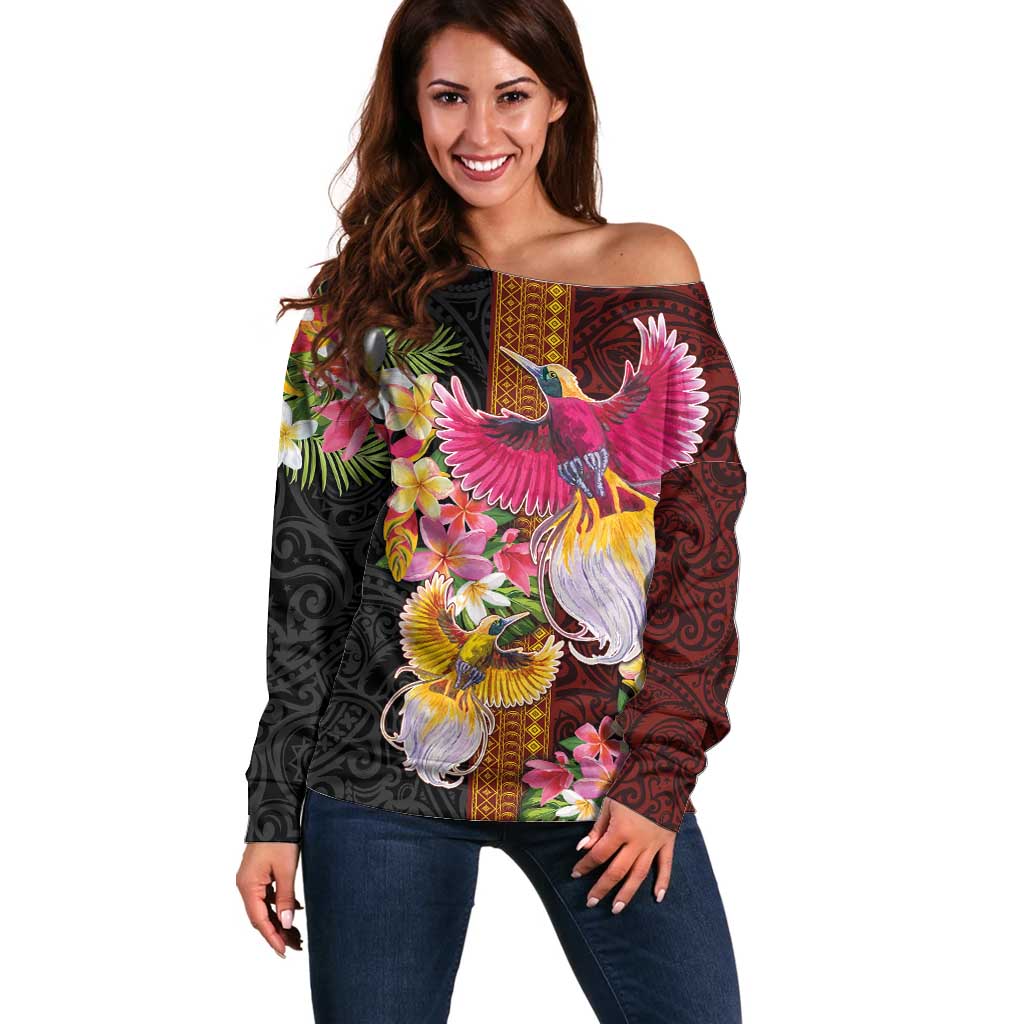 Papua New Guinea Birds and Frangipani Off Shoulder Sweater Melanesian Art Tattoos LT03 Women Black - Polynesian Pride