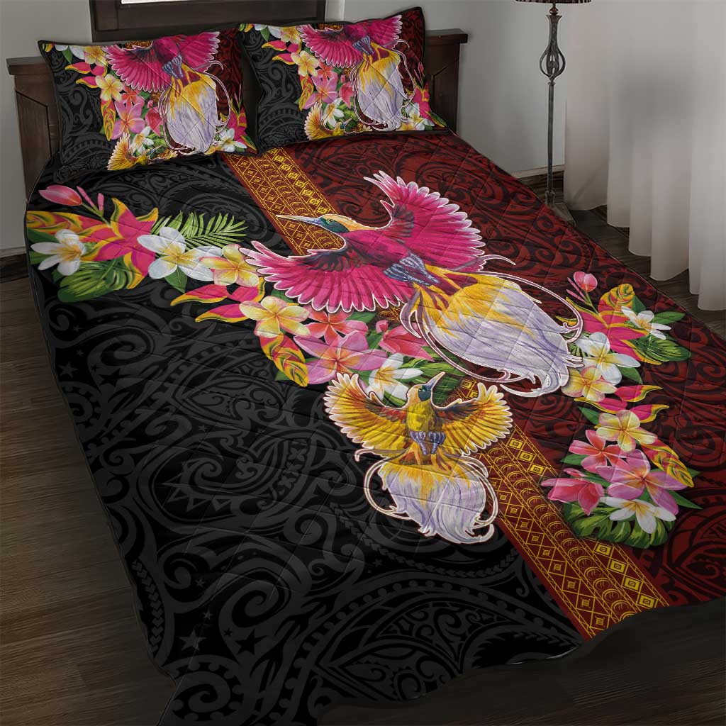 Papua New Guinea Birds and Frangipani Quilt Bed Set Melanesian Art Tattoos LT03 Black - Polynesian Pride