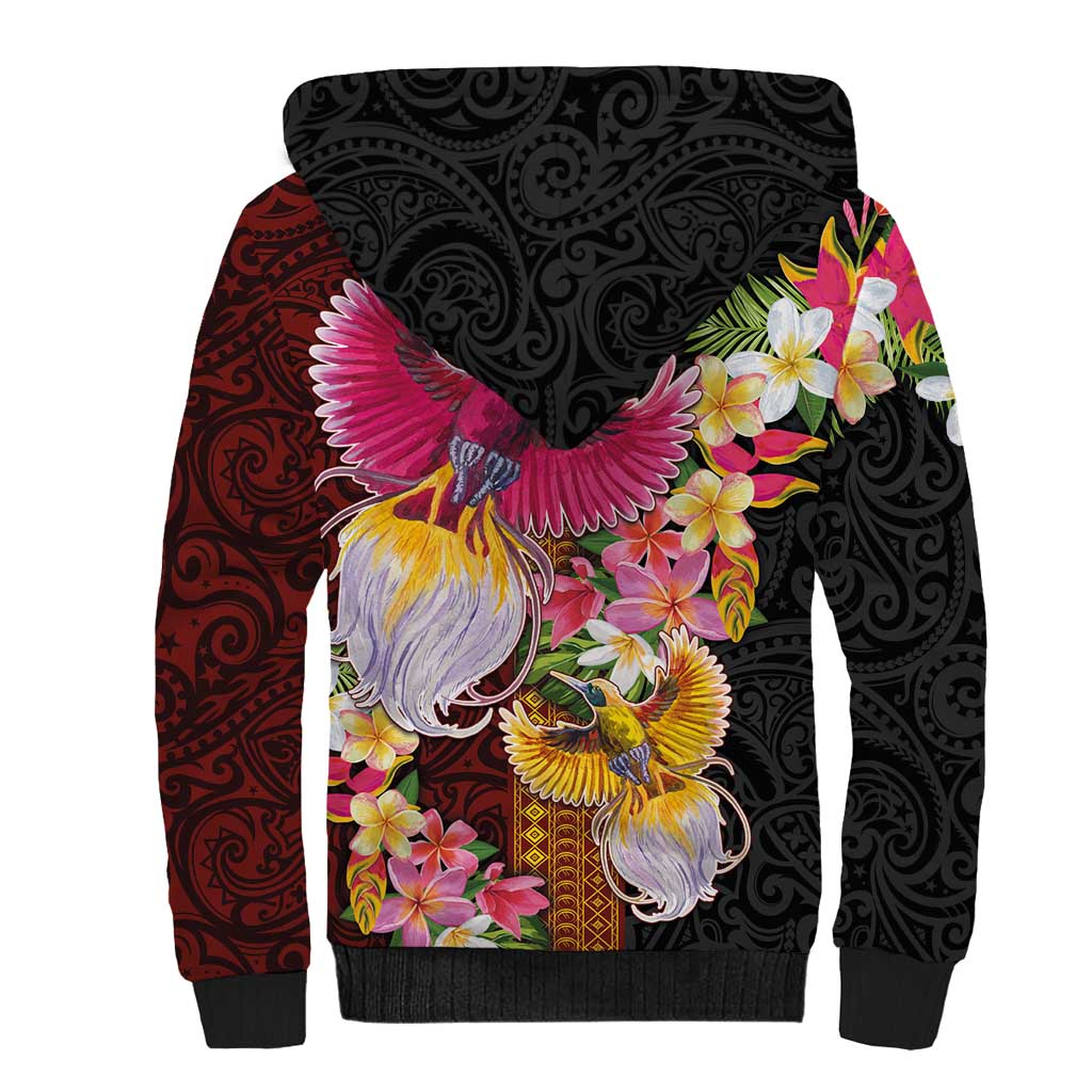 Papua New Guinea Birds and Frangipani Sherpa Hoodie Melanesian Art Tattoos - Polynesian Pride