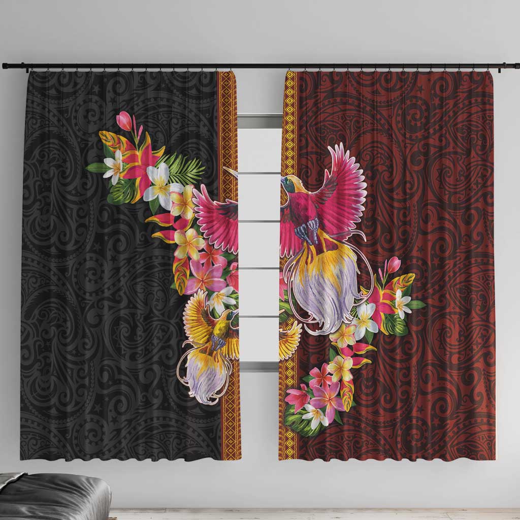 Papua New Guinea Birds and Frangipani Window Curtain Melanesian Art Tattoos LT03 With Hooks Black - Polynesian Pride