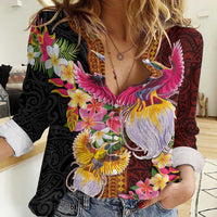 Papua New Guinea Birds and Frangipani Women Casual Shirt Melanesian Art Tattoos - Polynesian Pride