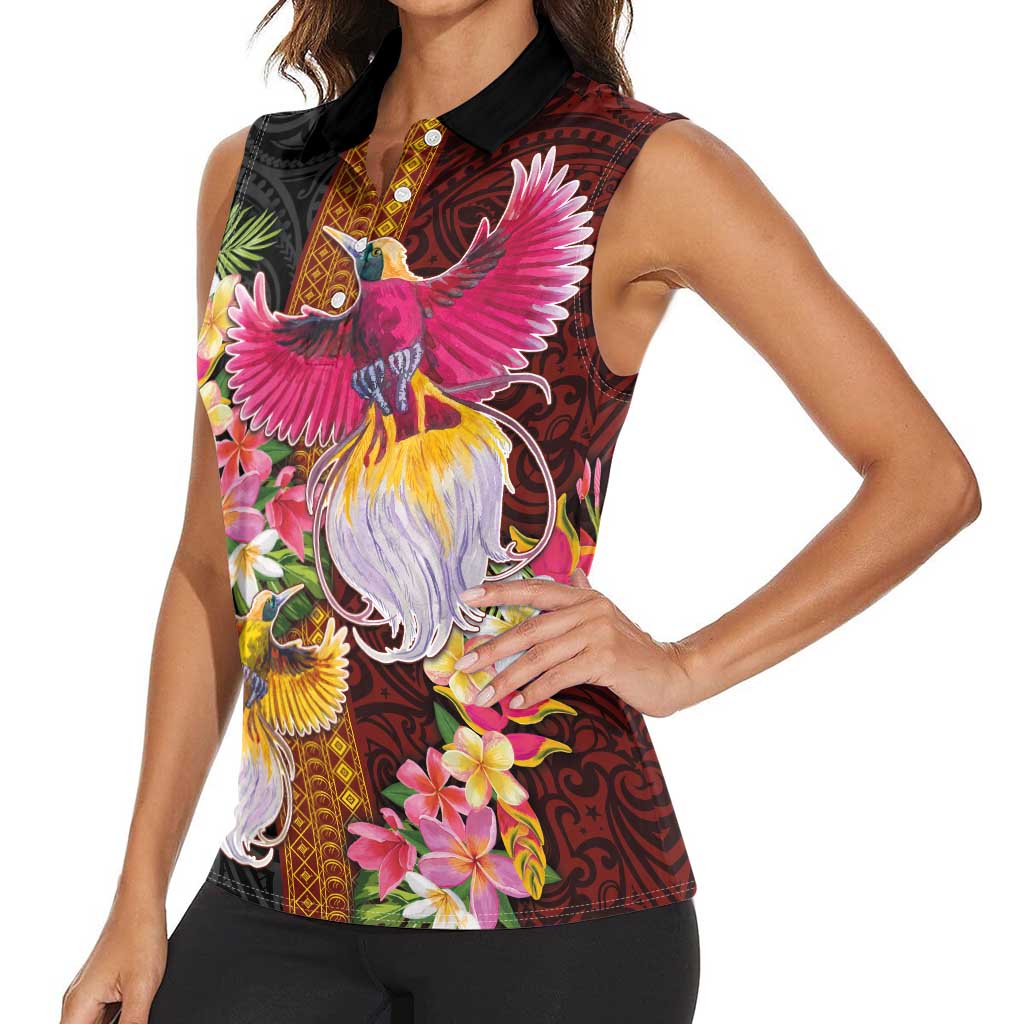 Papua New Guinea Birds and Frangipani Women Sleeveless Polo Shirt Melanesian Art Tattoos - Polynesian Pride