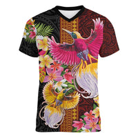 Papua New Guinea Birds and Frangipani Women V-Neck T-Shirt Melanesian Art Tattoos - Polynesian Pride