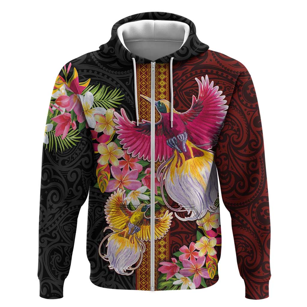Papua New Guinea Birds and Frangipani Zip Hoodie Melanesian Art Tattoos - Polynesian Pride