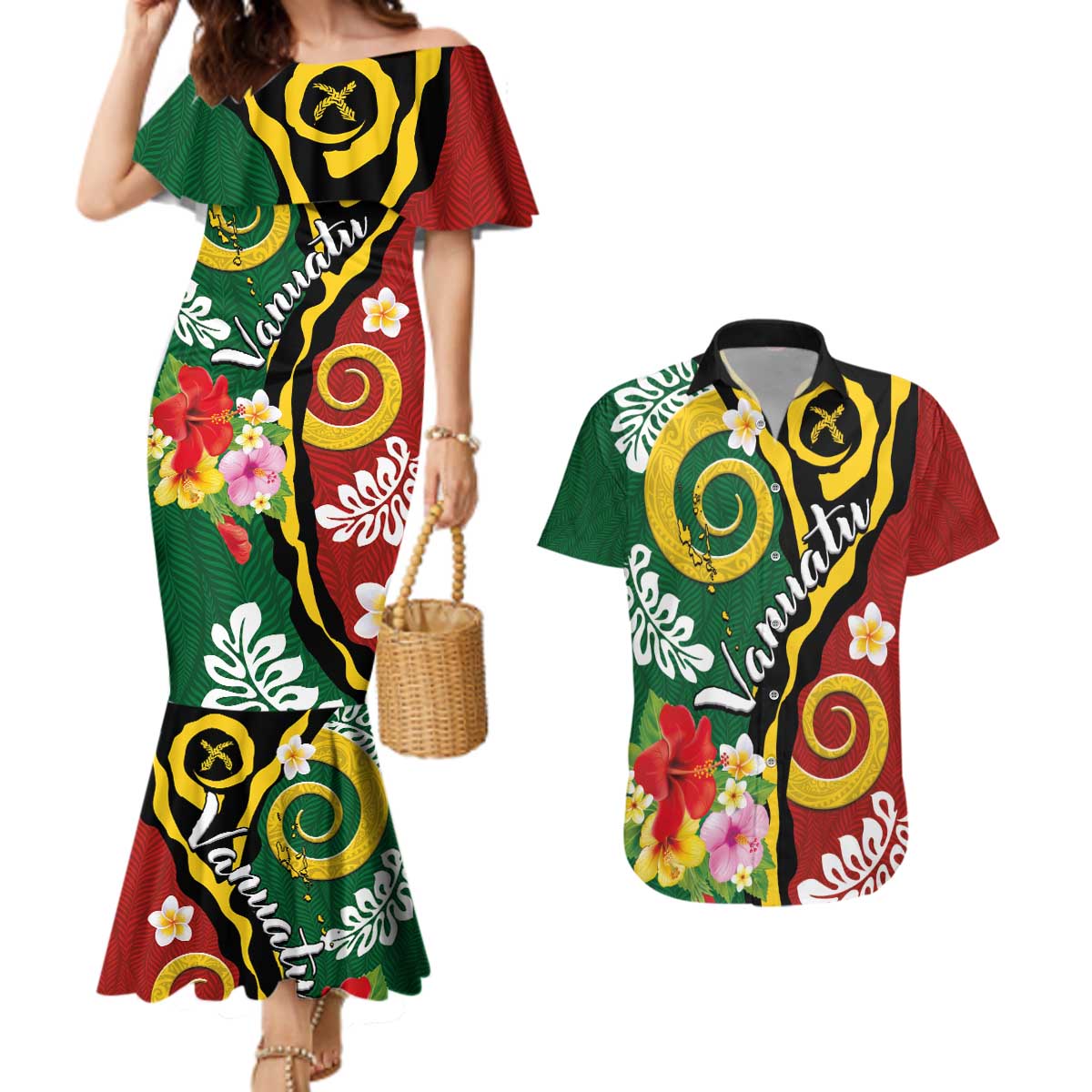 Melanesian Vanuatu Tribal Boar Tusk Couples Matching Mermaid Dress and Hawaiian Shirt Tropical Plants and Namele Motifs - Polynesian Pride