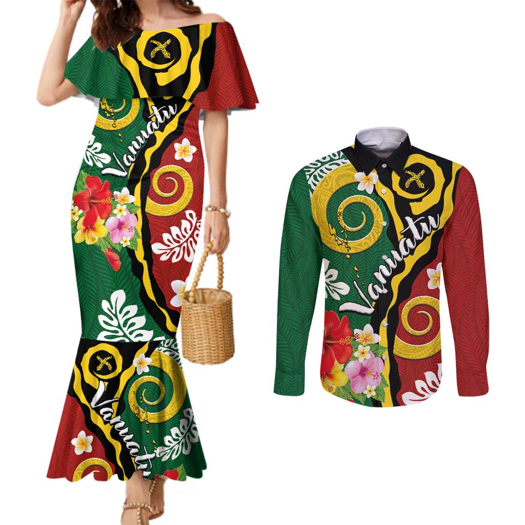 Melanesian Vanuatu Tribal Boar Tusk Couples Matching Mermaid Dress and Long Sleeve Button Shirt Tropical Plants and Namele Motifs - Polynesian Pride