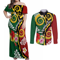 Melanesian Vanuatu Tribal Boar Tusk Couples Matching Off Shoulder Maxi Dress and Long Sleeve Button Shirt Tropical Plants and Namele Motifs - Polynesian Pride