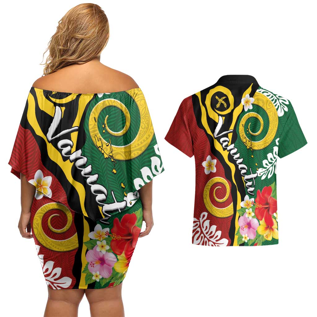 Melanesian Vanuatu Tribal Boar Tusk Couples Matching Off Shoulder Short Dress and Hawaiian Shirt Tropical Plants and Namele Motifs - Polynesian Pride
