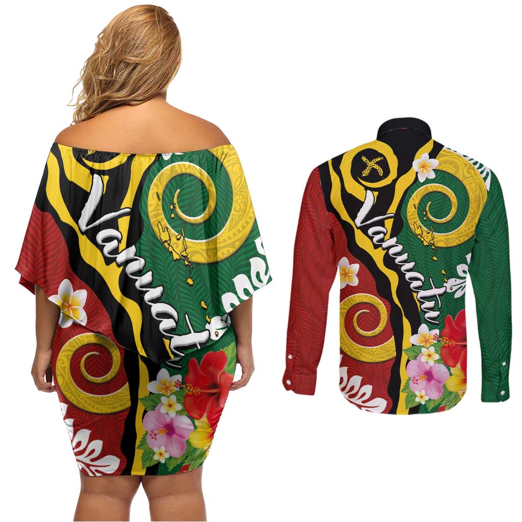 Melanesian Vanuatu Tribal Boar Tusk Couples Matching Off Shoulder Short Dress and Long Sleeve Button Shirt Tropical Plants and Namele Motifs - Polynesian Pride