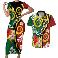 Melanesian Vanuatu Tribal Boar Tusk Couples Matching Short Sleeve Bodycon Dress and Hawaiian Shirt Tropical Plants and Namele Motifs - Polynesian Pride