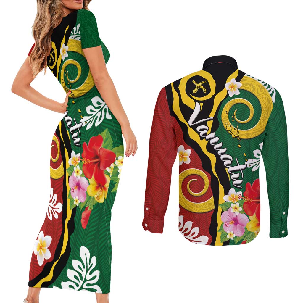 Melanesian Vanuatu Tribal Boar Tusk Couples Matching Short Sleeve Bodycon Dress and Long Sleeve Button Shirt Tropical Plants and Namele Motifs - Polynesian Pride