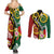 Melanesian Vanuatu Tribal Boar Tusk Couples Matching Summer Maxi Dress and Long Sleeve Button Shirt Tropical Plants and Namele Motifs - Polynesian Pride