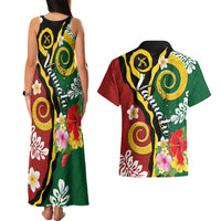 Melanesian Vanuatu Tribal Boar Tusk Couples Matching Tank Maxi Dress and Hawaiian Shirt Tropical Plants and Namele Motifs - Polynesian Pride