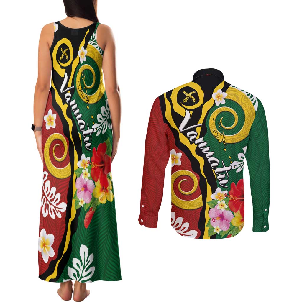Melanesian Vanuatu Tribal Boar Tusk Couples Matching Tank Maxi Dress and Long Sleeve Button Shirt Tropical Plants and Namele Motifs - Polynesian Pride