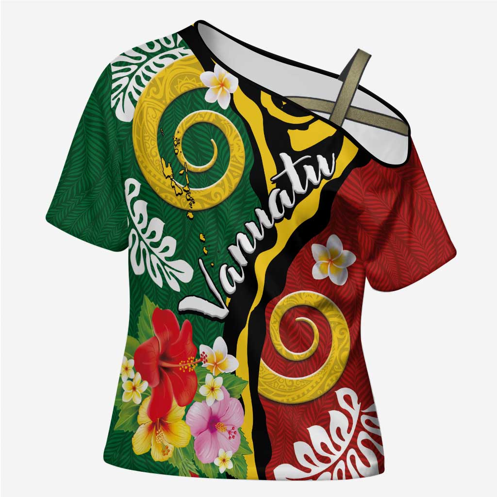 Melanesian Vanuatu Tribal Boar Tusk Cross Shoulder Shirt Tropical Plants and Namele Motifs - Polynesian Pride