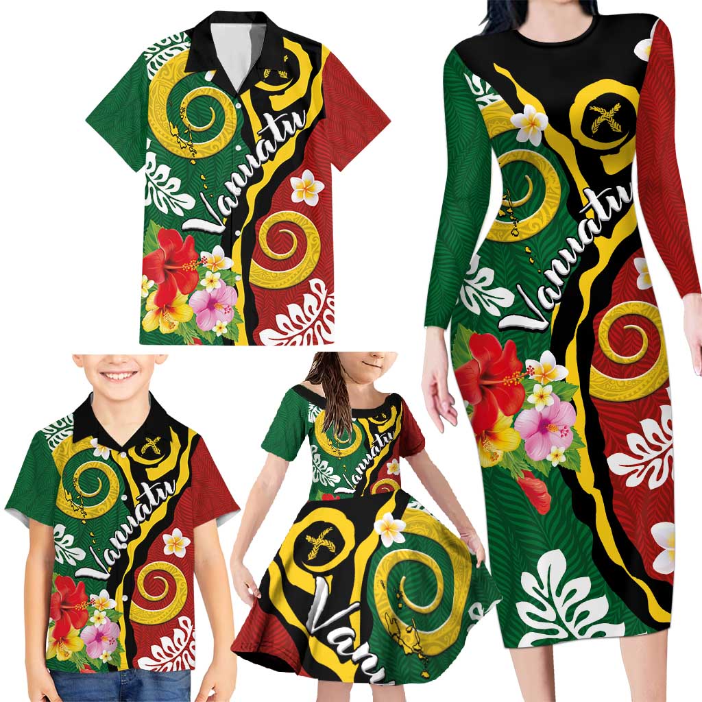 Melanesian Vanuatu Tribal Boar Tusk Family Matching Long Sleeve Bodycon Dress and Hawaiian Shirt Tropical Plants and Namele Motifs - Polynesian Pride