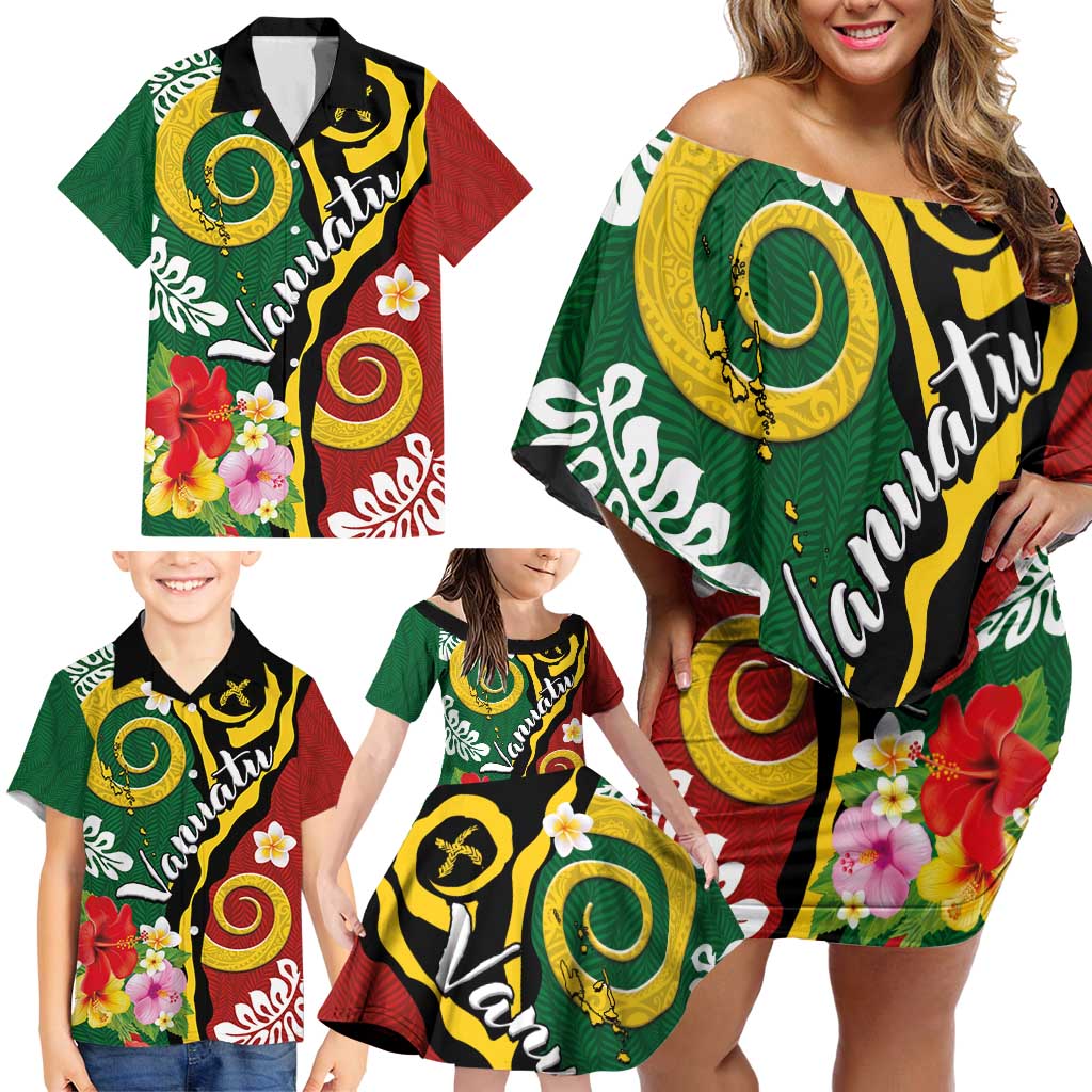Melanesian Vanuatu Tribal Boar Tusk Family Matching Off Shoulder Short Dress and Hawaiian Shirt Tropical Plants and Namele Motifs - Polynesian Pride