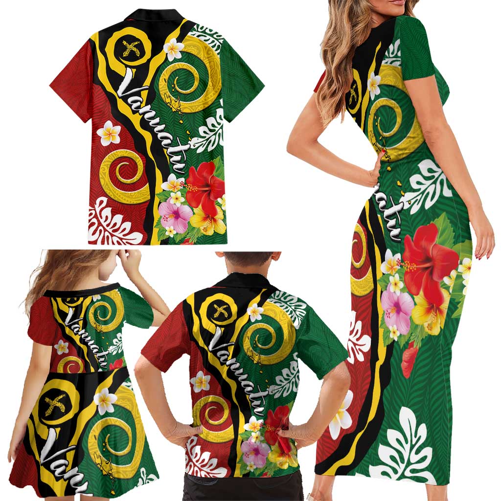 Melanesian Vanuatu Tribal Boar Tusk Family Matching Short Sleeve Bodycon Dress and Hawaiian Shirt Tropical Plants and Namele Motifs - Polynesian Pride