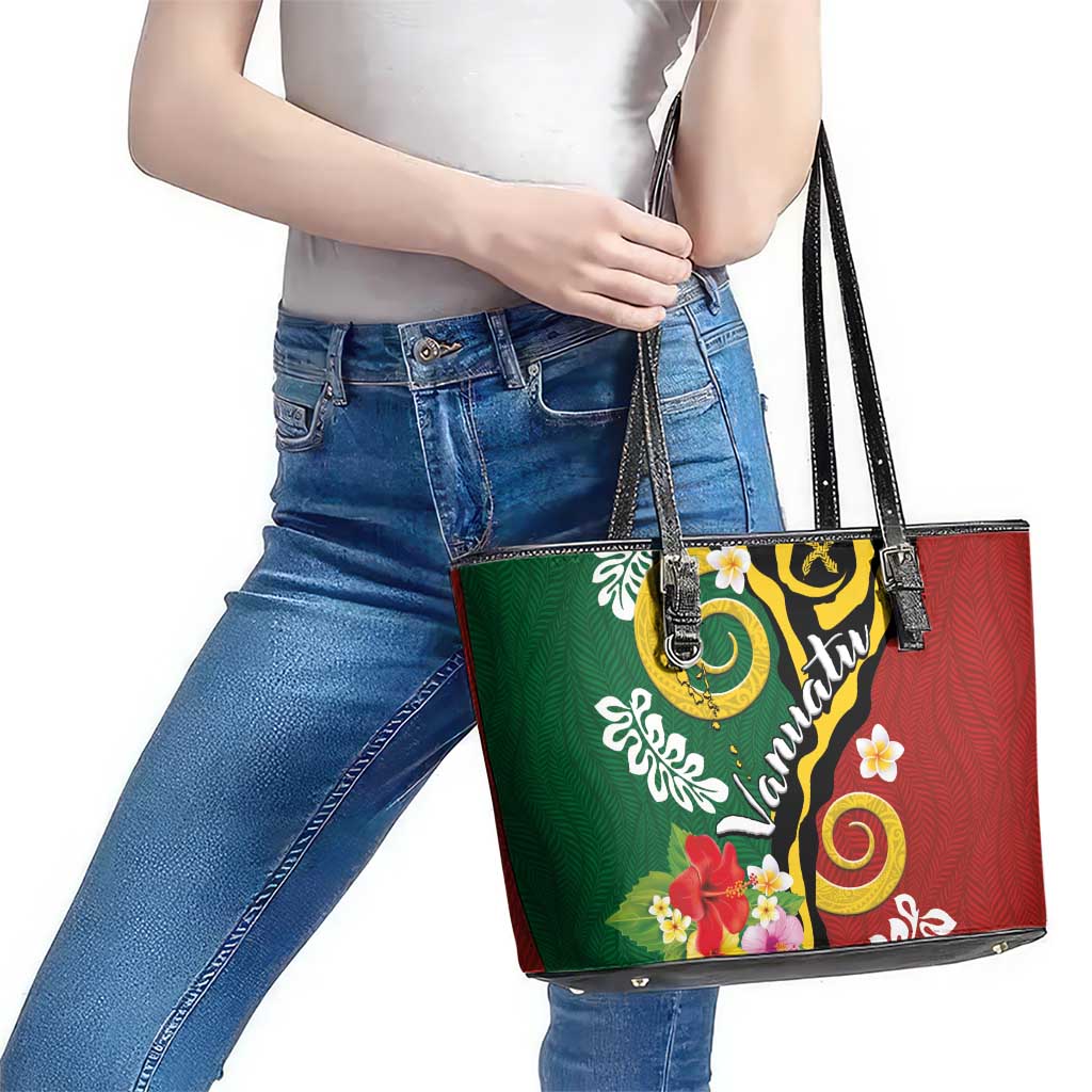 Melanesian Vanuatu Tribal Boar Tusk Leather Tote Bag Tropical Plants and Namele Motifs - Polynesian Pride