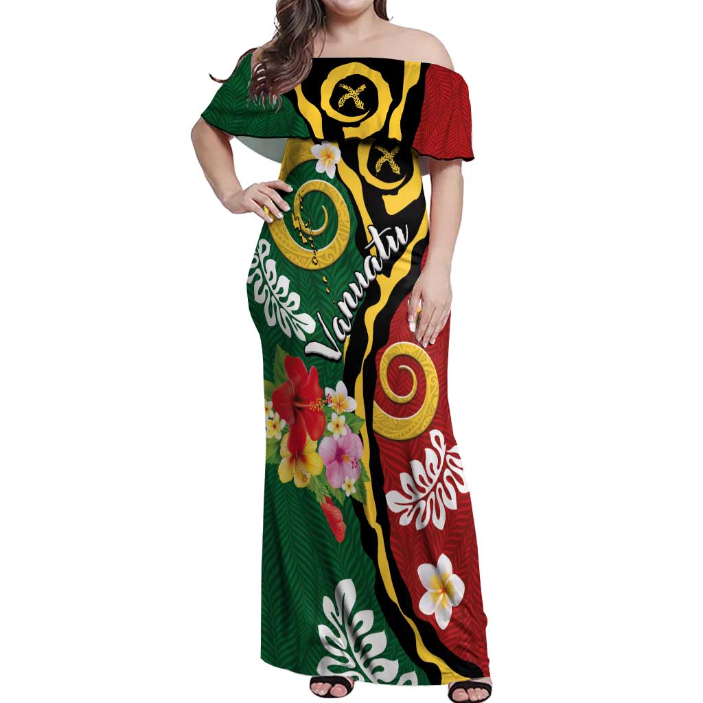 Melanesian Vanuatu Tribal Boar Tusk Off Shoulder Maxi Dress Tropical Plants and Namele Motifs - Polynesian Pride