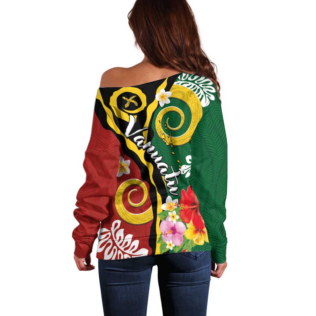 Melanesian Vanuatu Tribal Boar Tusk Off Shoulder Sweater Tropical Plants and Namele Motifs - Polynesian Pride