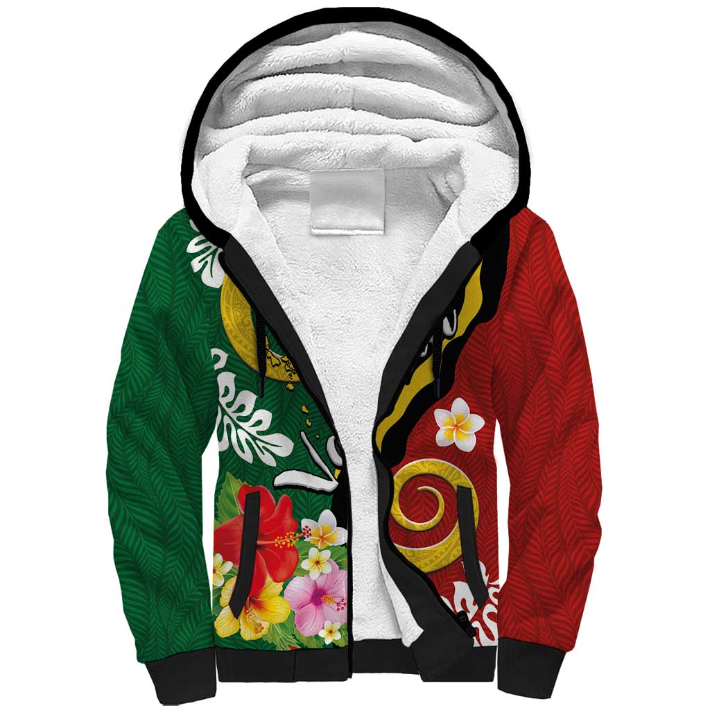 Melanesian Vanuatu Tribal Boar Tusk Sherpa Hoodie Tropical Plants and Namele Motifs - Polynesian Pride