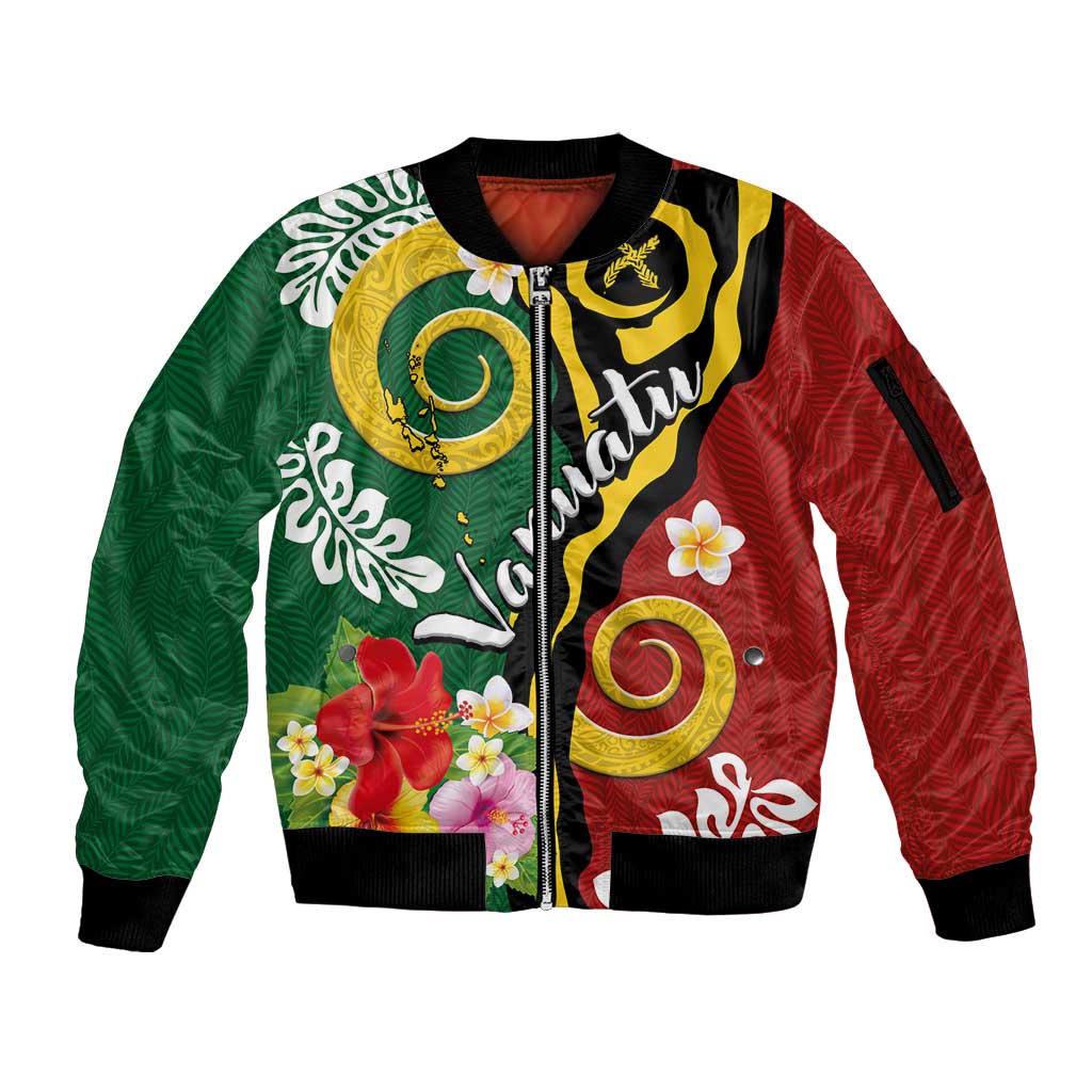 Melanesian Vanuatu Tribal Boar Tusk Sleeve Zip Bomber Jacket Tropical Plants and Namele Motifs - Polynesian Pride