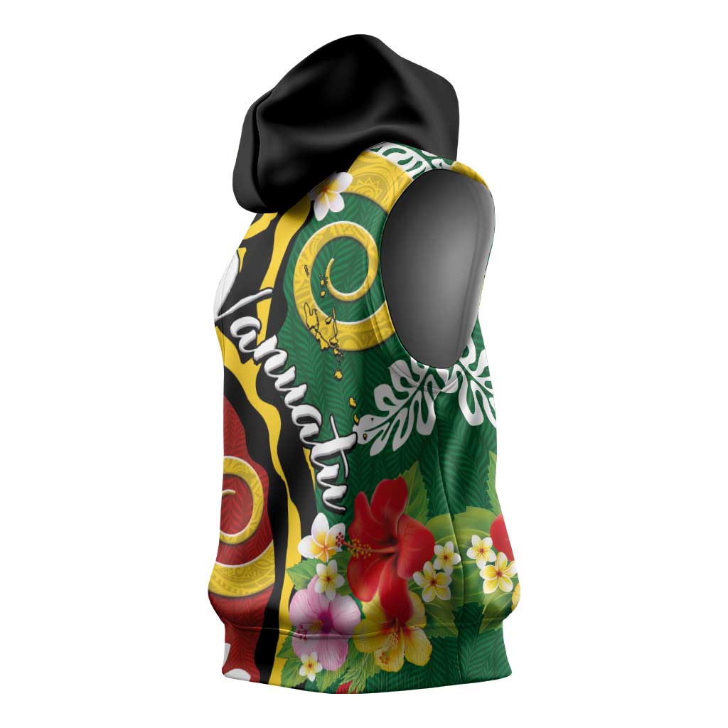 Melanesian Vanuatu Tribal Boar Tusk Sleeveless Hoodie Tropical Plants and Namele Motifs - Polynesian Pride