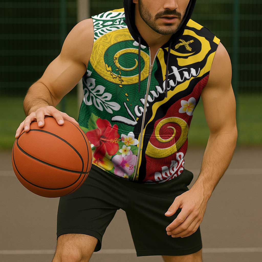 Melanesian Vanuatu Tribal Boar Tusk Sleeveless Zip Hoodie Tropical Plants and Namele Motifs - Polynesian Pride