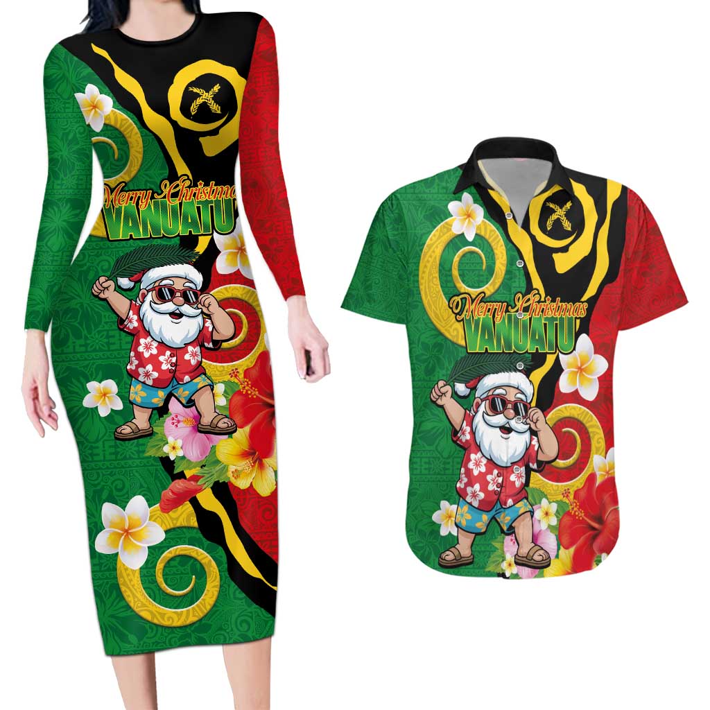 Vanuatu Christmas Couples Matching Long Sleeve Bodycon Dress and Hawaiian Shirt Funny Santa with Namele and Boar Tusk Tribal - Polynesian Pride