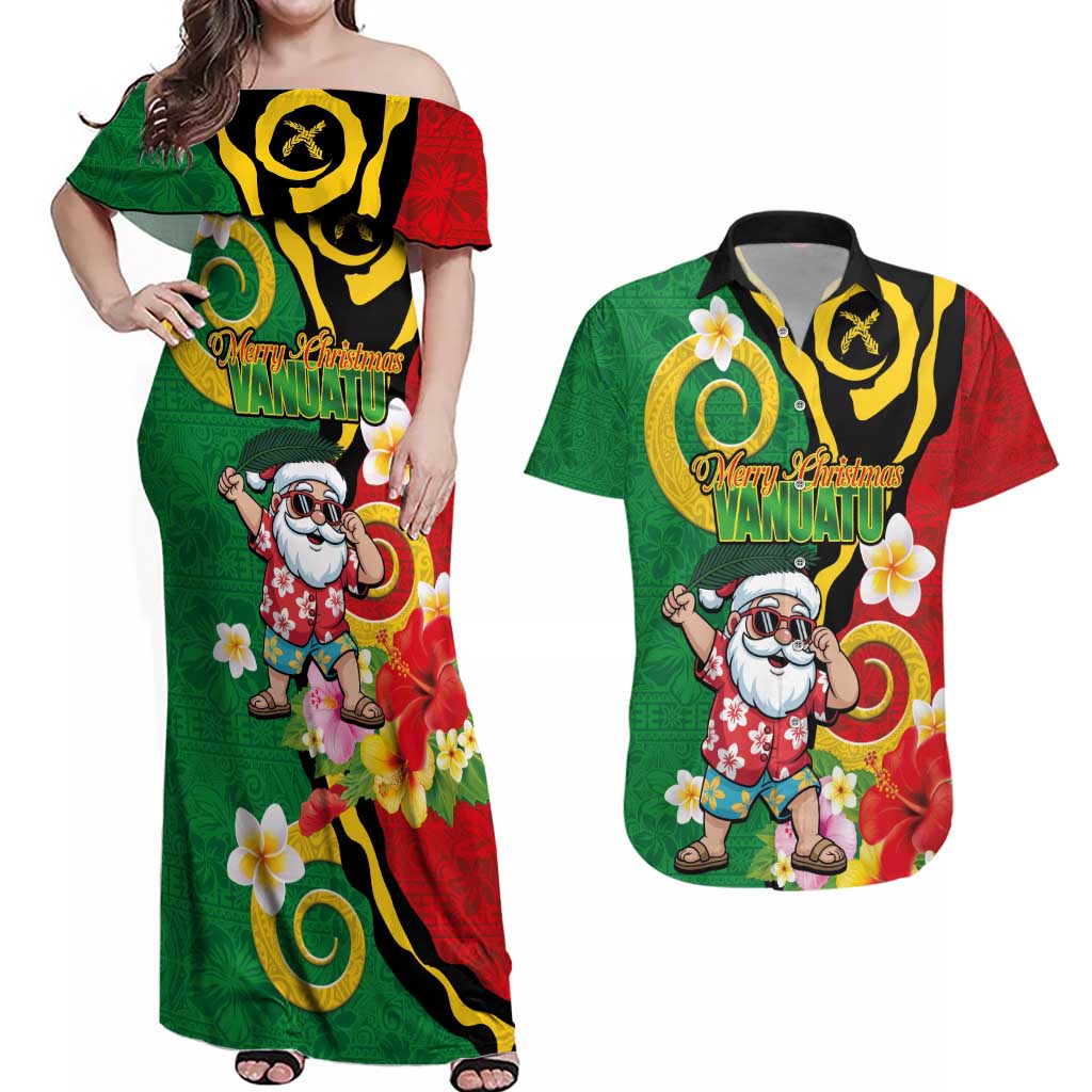 Vanuatu Christmas Couples Matching Off Shoulder Maxi Dress and Hawaiian Shirt Funny Santa with Namele and Boar Tusk Tribal - Polynesian Pride