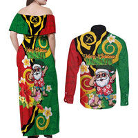 Vanuatu Christmas Couples Matching Off Shoulder Maxi Dress and Long Sleeve Button Shirt Funny Santa with Namele and Boar Tusk Tribal - Polynesian Pride