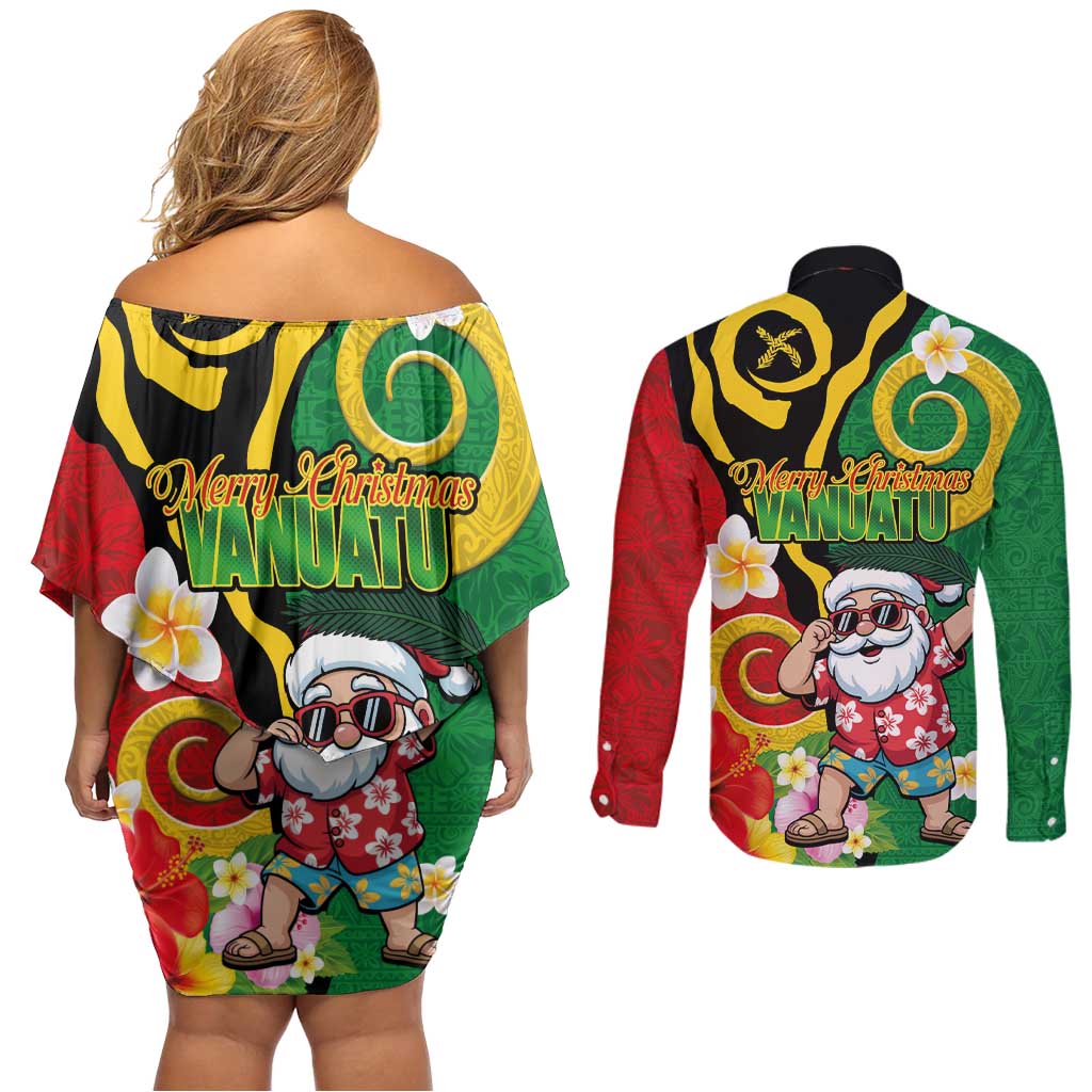 Vanuatu Christmas Couples Matching Off Shoulder Short Dress and Long Sleeve Button Shirt Funny Santa with Namele and Boar Tusk Tribal - Polynesian Pride