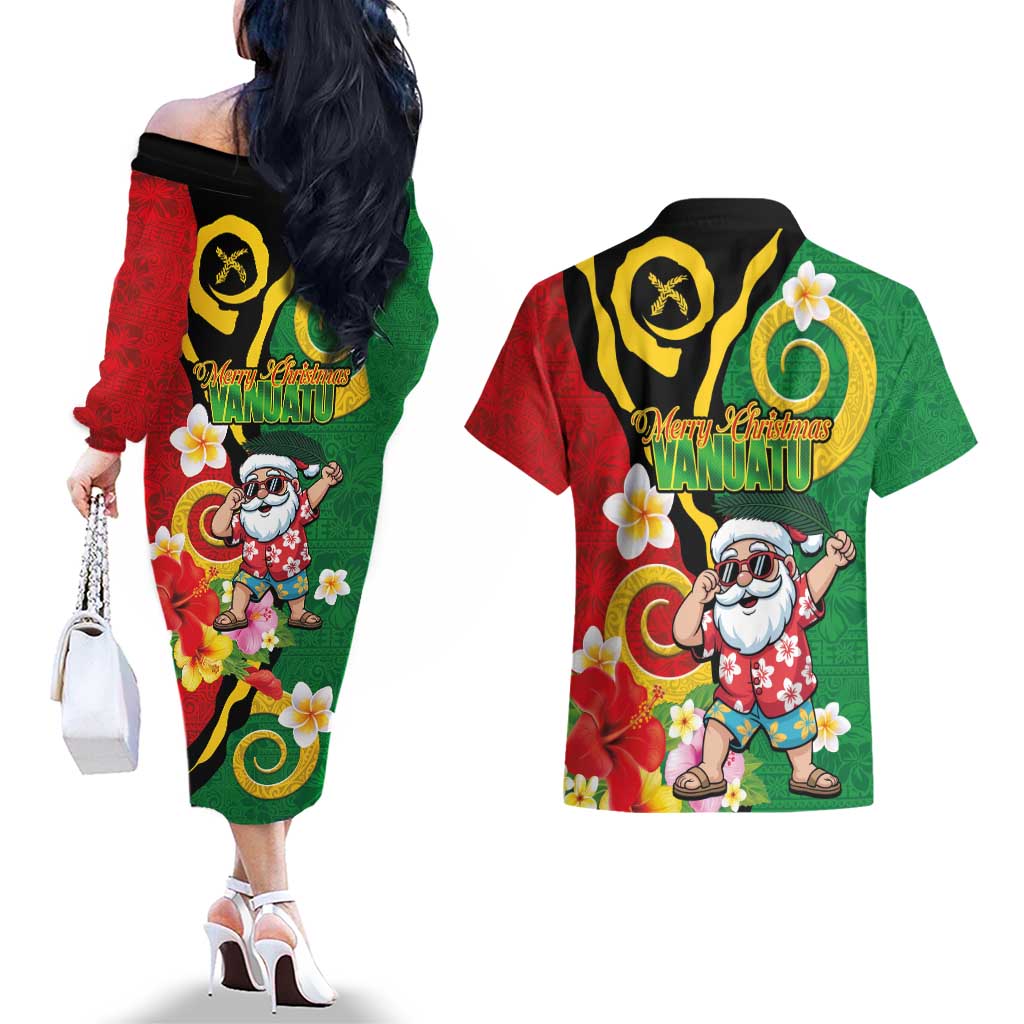 Vanuatu Christmas Couples Matching Off The Shoulder Long Sleeve Dress and Hawaiian Shirt Funny Santa with Namele and Boar Tusk Tribal - Polynesian Pride