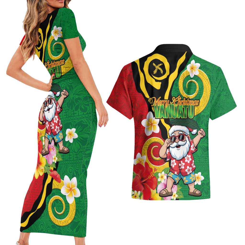 Vanuatu Christmas Couples Matching Short Sleeve Bodycon Dress and Hawaiian Shirt Funny Santa with Namele and Boar Tusk Tribal - Polynesian Pride