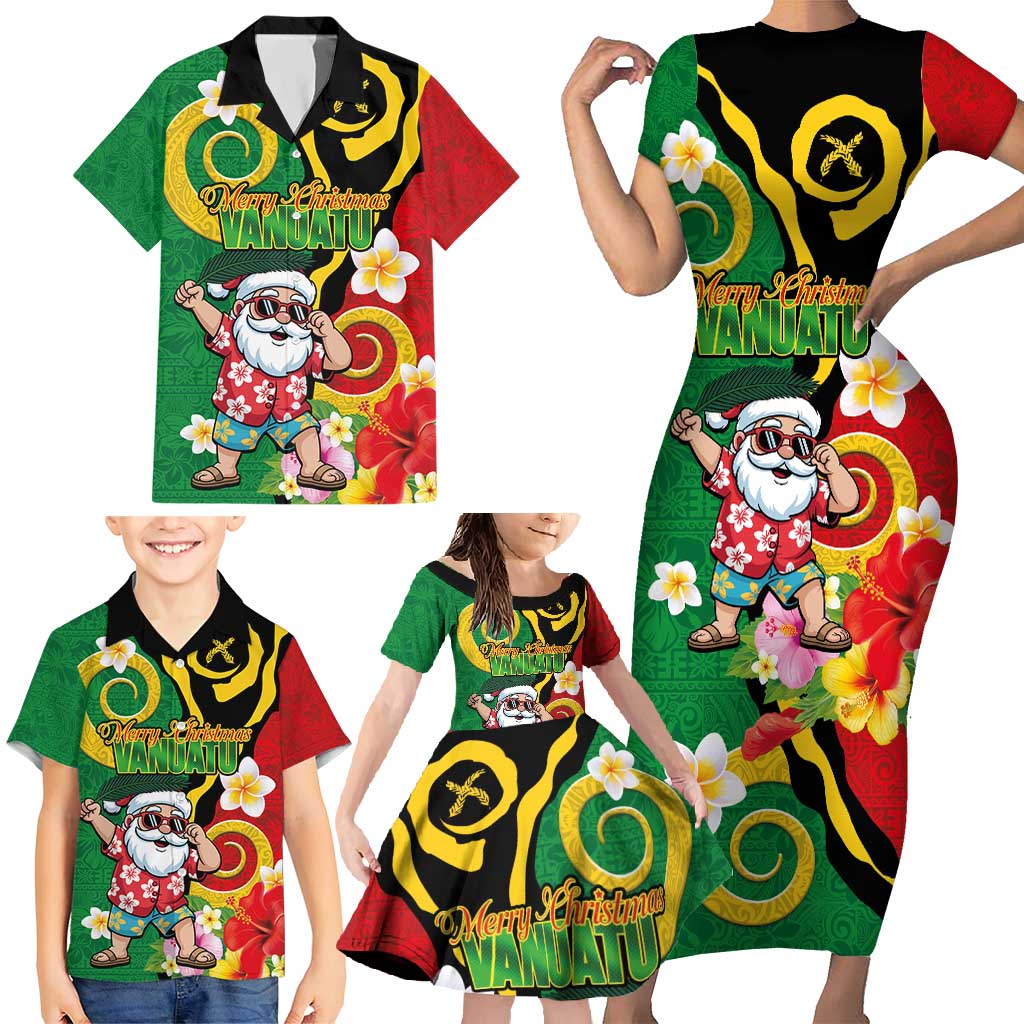 Vanuatu Christmas Family Matching Short Sleeve Bodycon Dress and Hawaiian Shirt Funny Santa with Namele and Boar Tusk Tribal - Polynesian Pride
